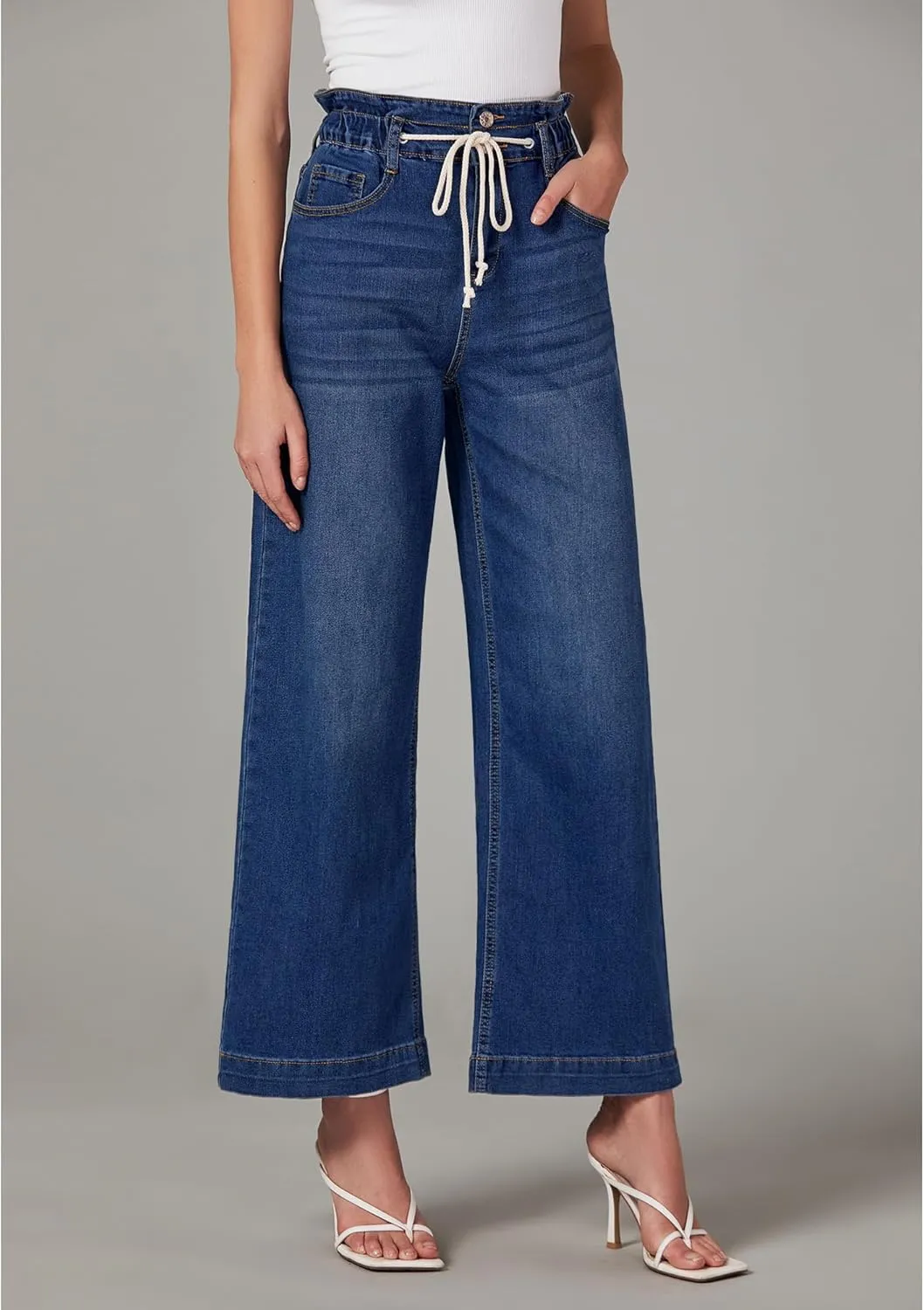 LookbookStore Womens Jeans Wide Leg High Waisted Trendy Elastic Wasit Drawstring Stretch Denim Pants Baggy Trouser Jeans