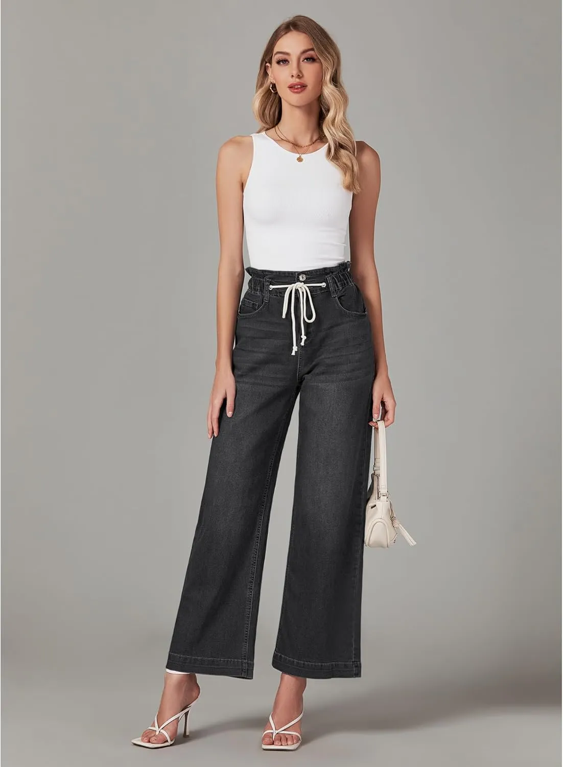LookbookStore Womens Jeans Wide Leg High Waisted Trendy Elastic Wasit Drawstring Stretch Denim Pants Baggy Trouser Jeans