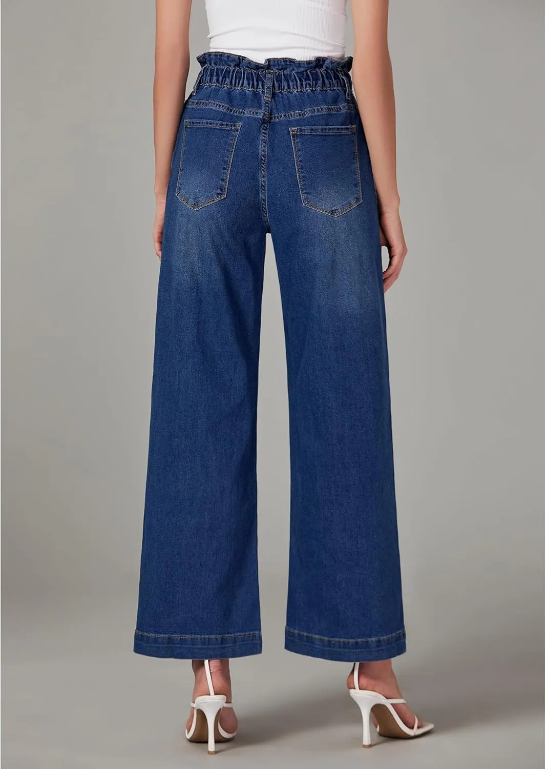 LookbookStore Womens Jeans Wide Leg High Waisted Trendy Elastic Wasit Drawstring Stretch Denim Pants Baggy Trouser Jeans
