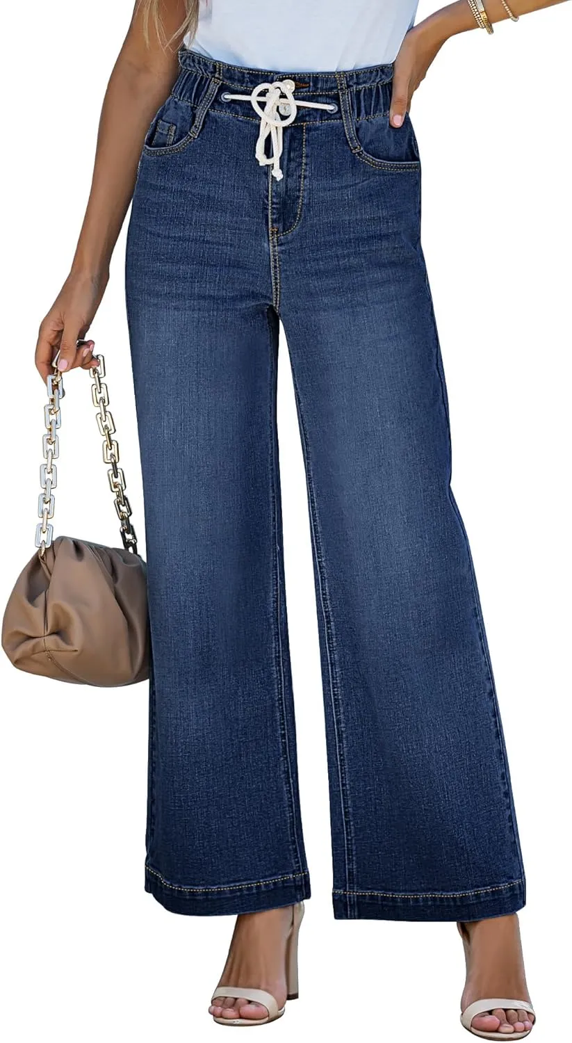 LookbookStore Womens Jeans Wide Leg High Waisted Trendy Elastic Wasit Drawstring Stretch Denim Pants Baggy Trouser Jeans