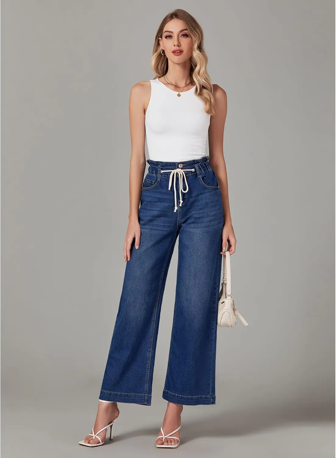 LookbookStore Womens Jeans Wide Leg High Waisted Trendy Elastic Wasit Drawstring Stretch Denim Pants Baggy Trouser Jeans