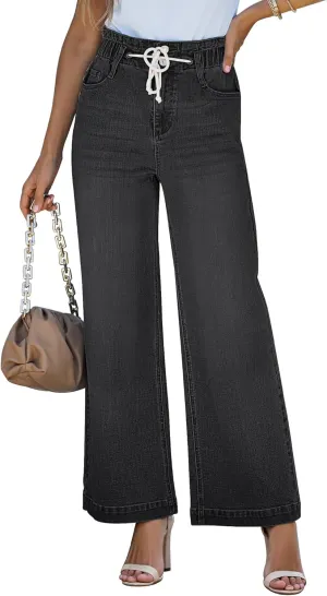 LookbookStore Womens Jeans Wide Leg High Waisted Trendy Elastic Wasit Drawstring Stretch Denim Pants Baggy Trouser Jeans