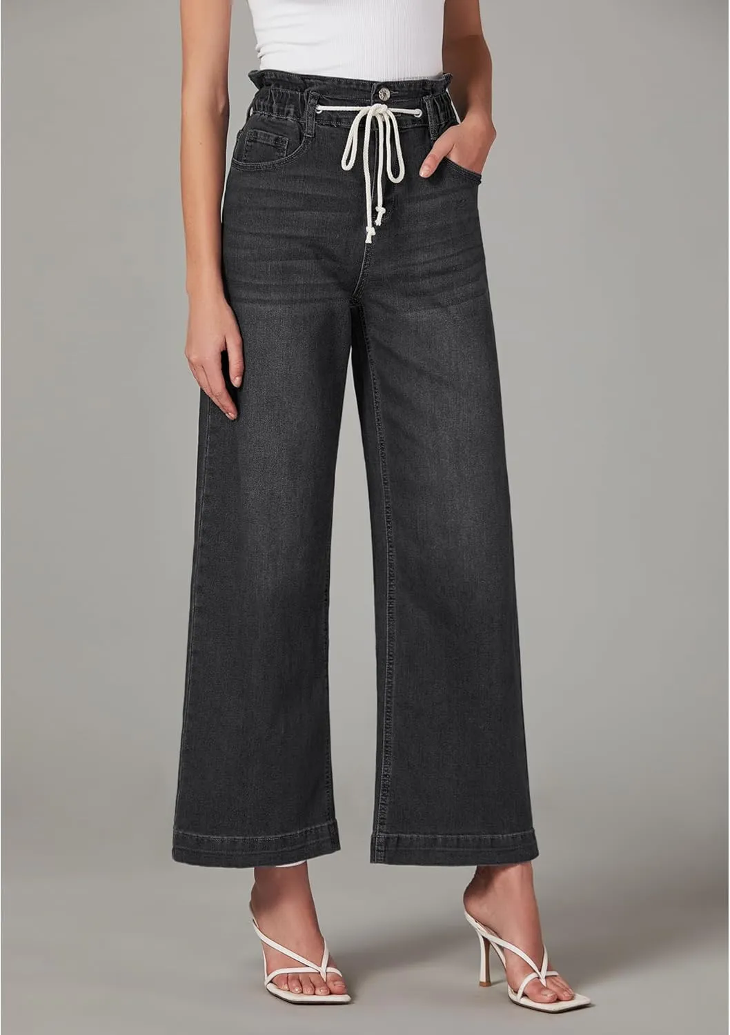 LookbookStore Womens Jeans Wide Leg High Waisted Trendy Elastic Wasit Drawstring Stretch Denim Pants Baggy Trouser Jeans