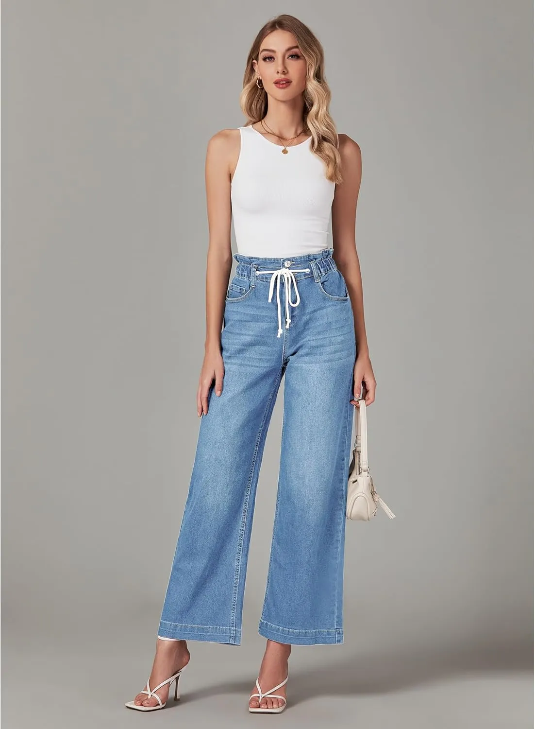 LookbookStore Womens Jeans Wide Leg High Waisted Trendy Elastic Wasit Drawstring Stretch Denim Pants Baggy Trouser Jeans