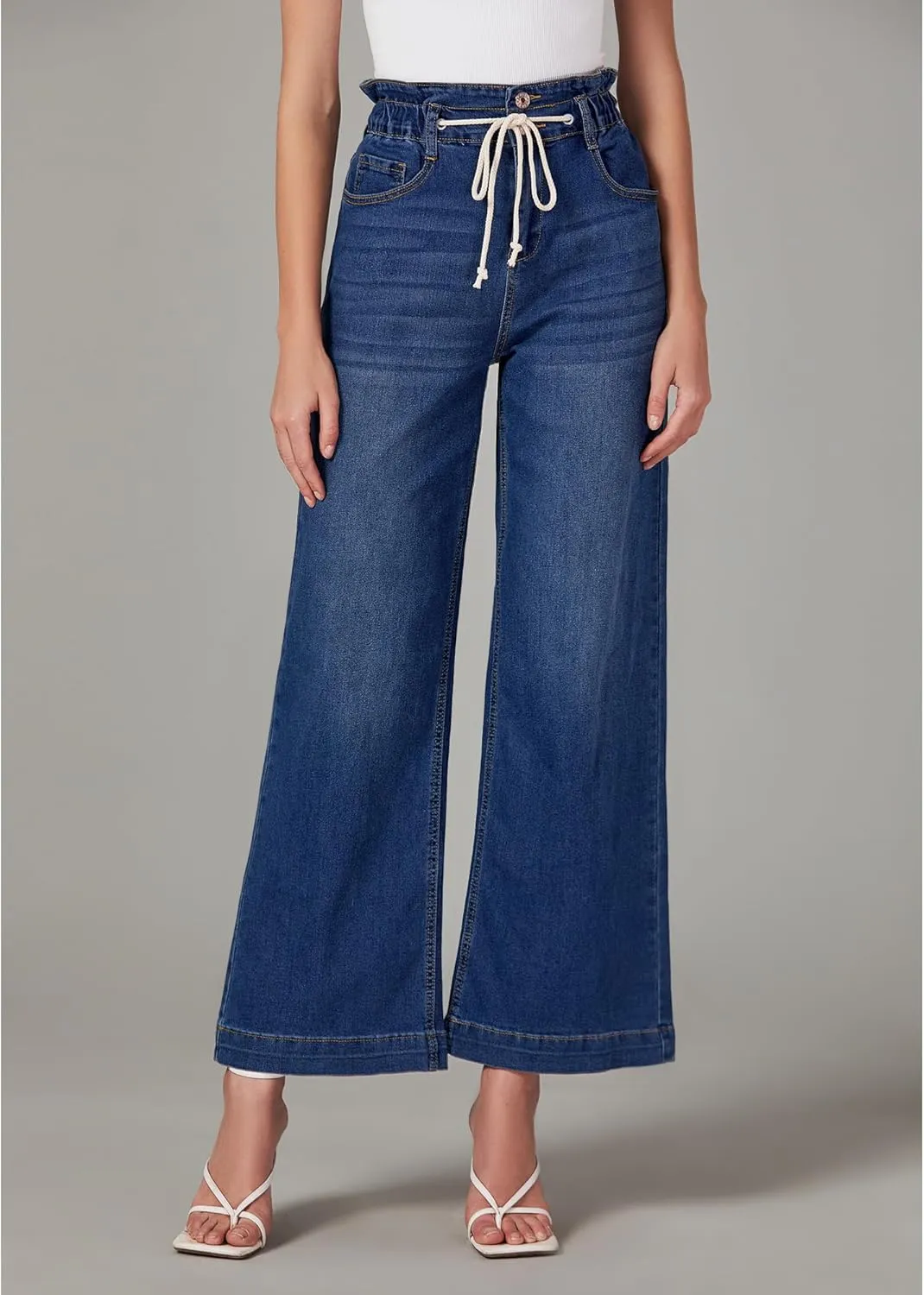 LookbookStore Womens Jeans Wide Leg High Waisted Trendy Elastic Wasit Drawstring Stretch Denim Pants Baggy Trouser Jeans