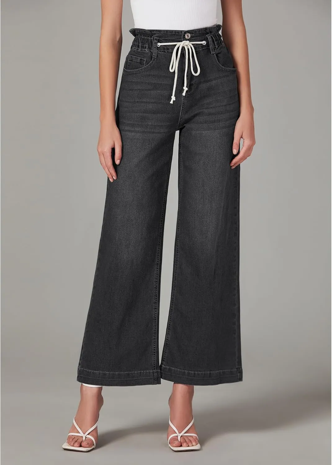 LookbookStore Womens Jeans Wide Leg High Waisted Trendy Elastic Wasit Drawstring Stretch Denim Pants Baggy Trouser Jeans