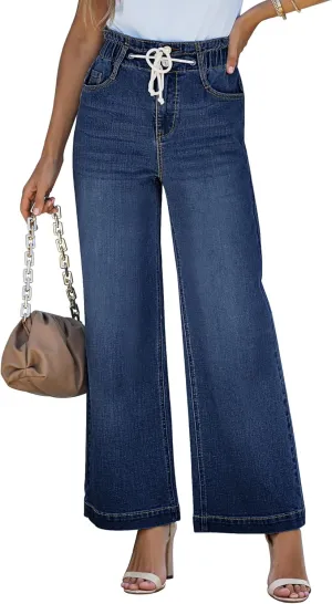 LookbookStore Womens Jeans Wide Leg High Waisted Trendy Elastic Wasit Drawstring Stretch Denim Pants Baggy Trouser Jeans