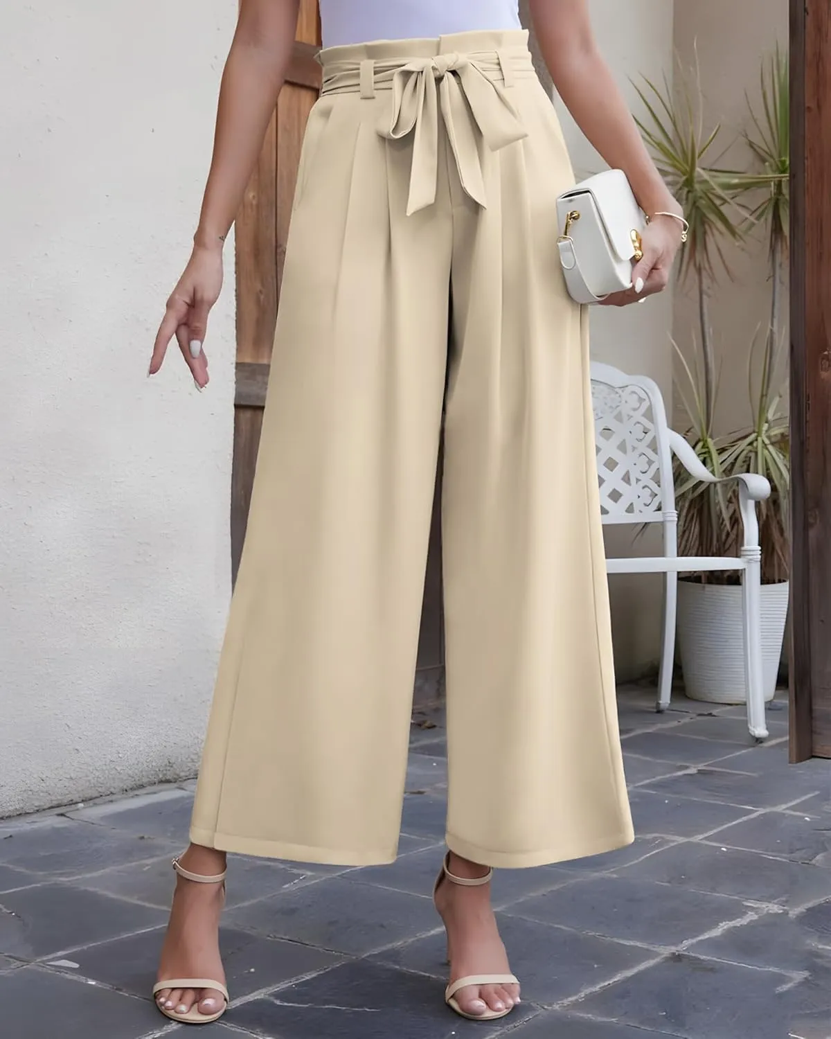 LOUSGUTA Wide Leg Dress Pants for Women Paperbag High Waisted Adjustable Tie Knot Business Casual Trousers with Pockets
