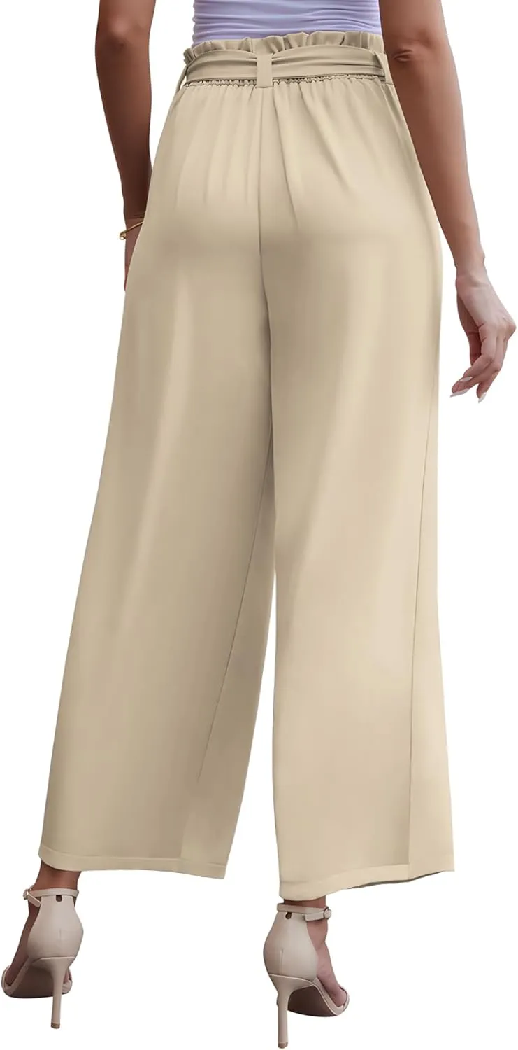 LOUSGUTA Wide Leg Dress Pants for Women Paperbag High Waisted Adjustable Tie Knot Business Casual Trousers with Pockets