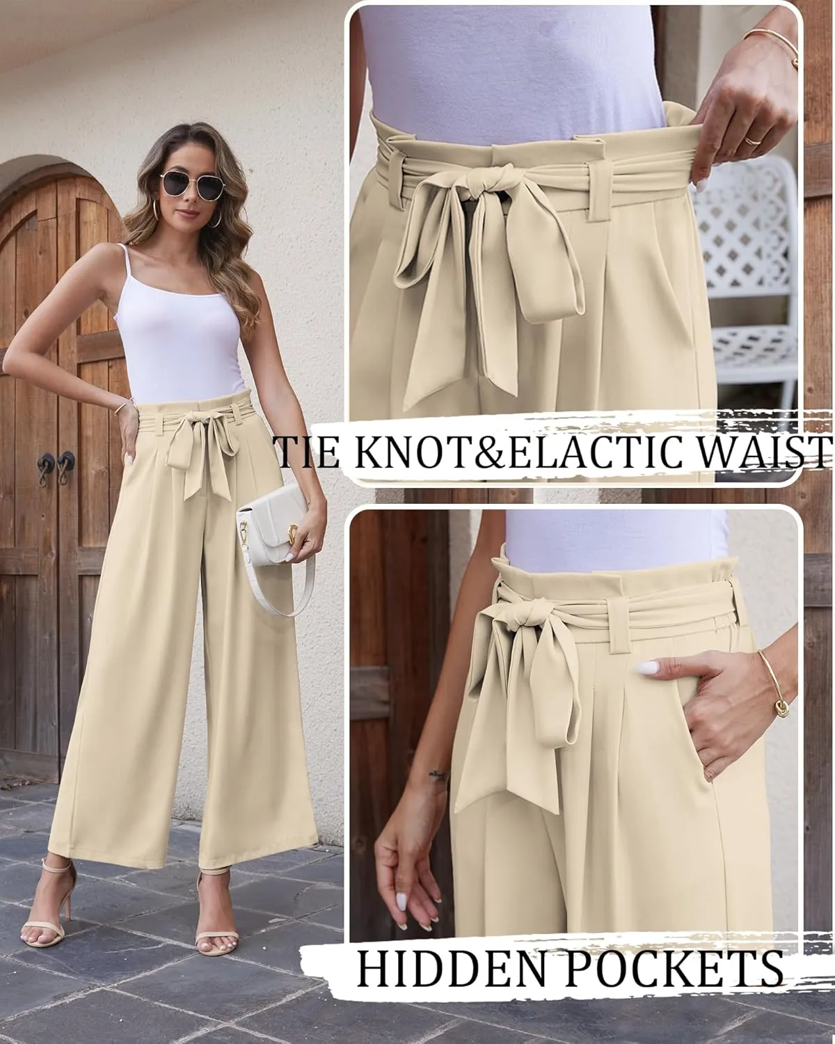 LOUSGUTA Wide Leg Dress Pants for Women Paperbag High Waisted Adjustable Tie Knot Business Casual Trousers with Pockets