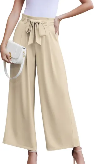 LOUSGUTA Wide Leg Dress Pants for Women Paperbag High Waisted Adjustable Tie Knot Business Casual Trousers with Pockets