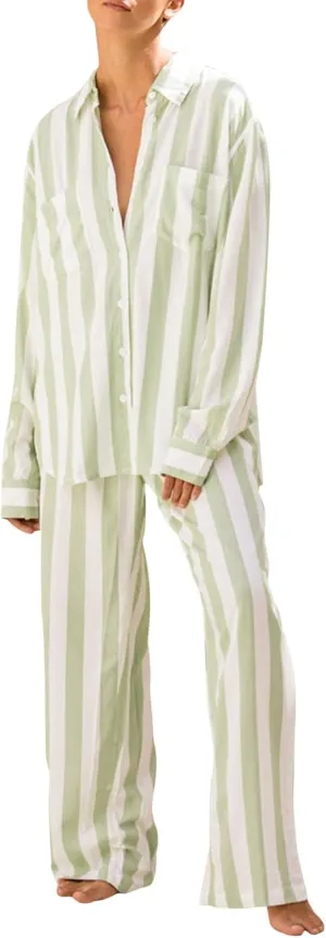 Luckinbaby Women Striped Pajamas Set Long Sleeve Satin Shirt Top Elastic Wide Loose Pants 2 Piece Lounge Sleepwear
