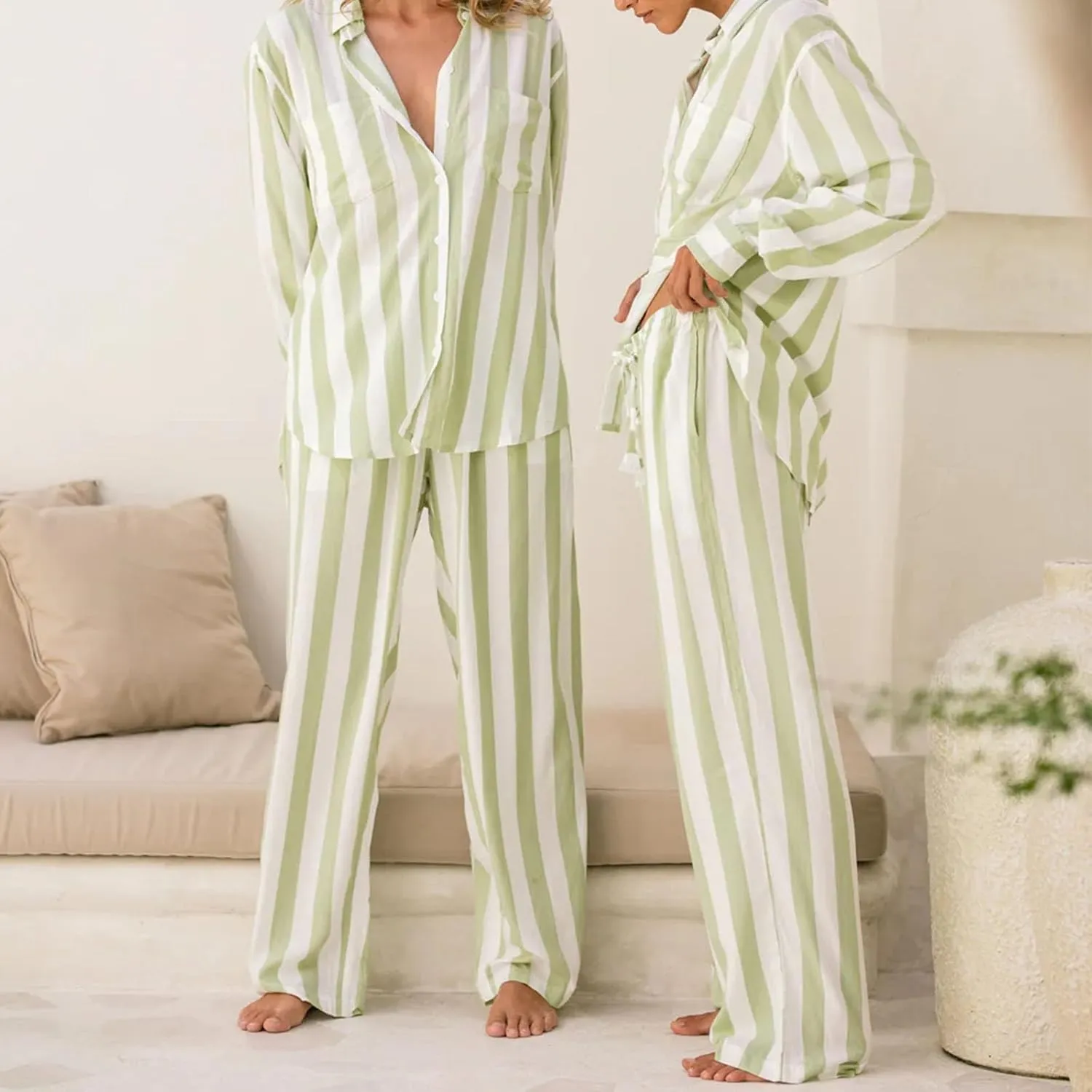 Luckinbaby Women Striped Pajamas Set Long Sleeve Satin Shirt Top Elastic Wide Loose Pants 2 Piece Lounge Sleepwear