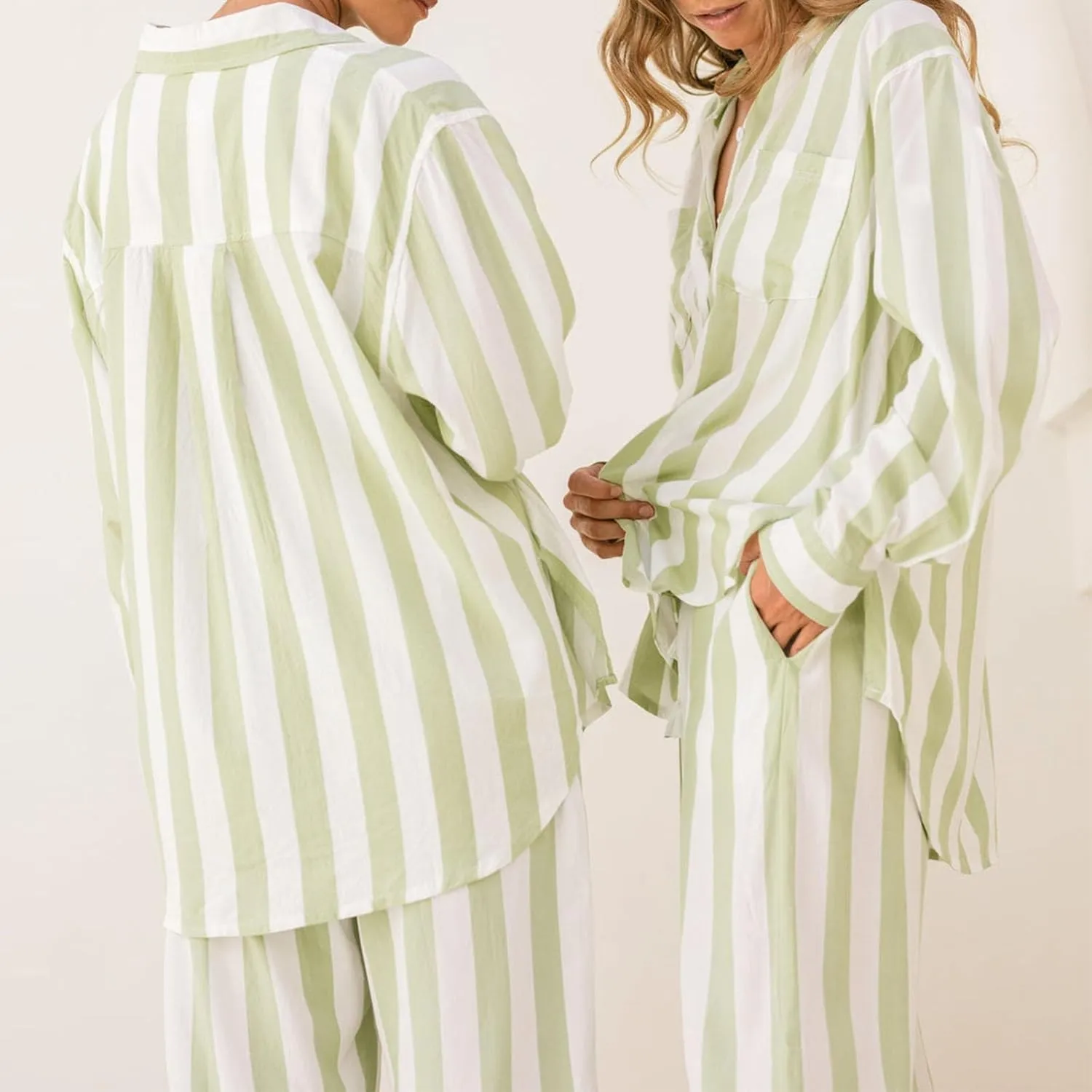Luckinbaby Women Striped Pajamas Set Long Sleeve Satin Shirt Top Elastic Wide Loose Pants 2 Piece Lounge Sleepwear