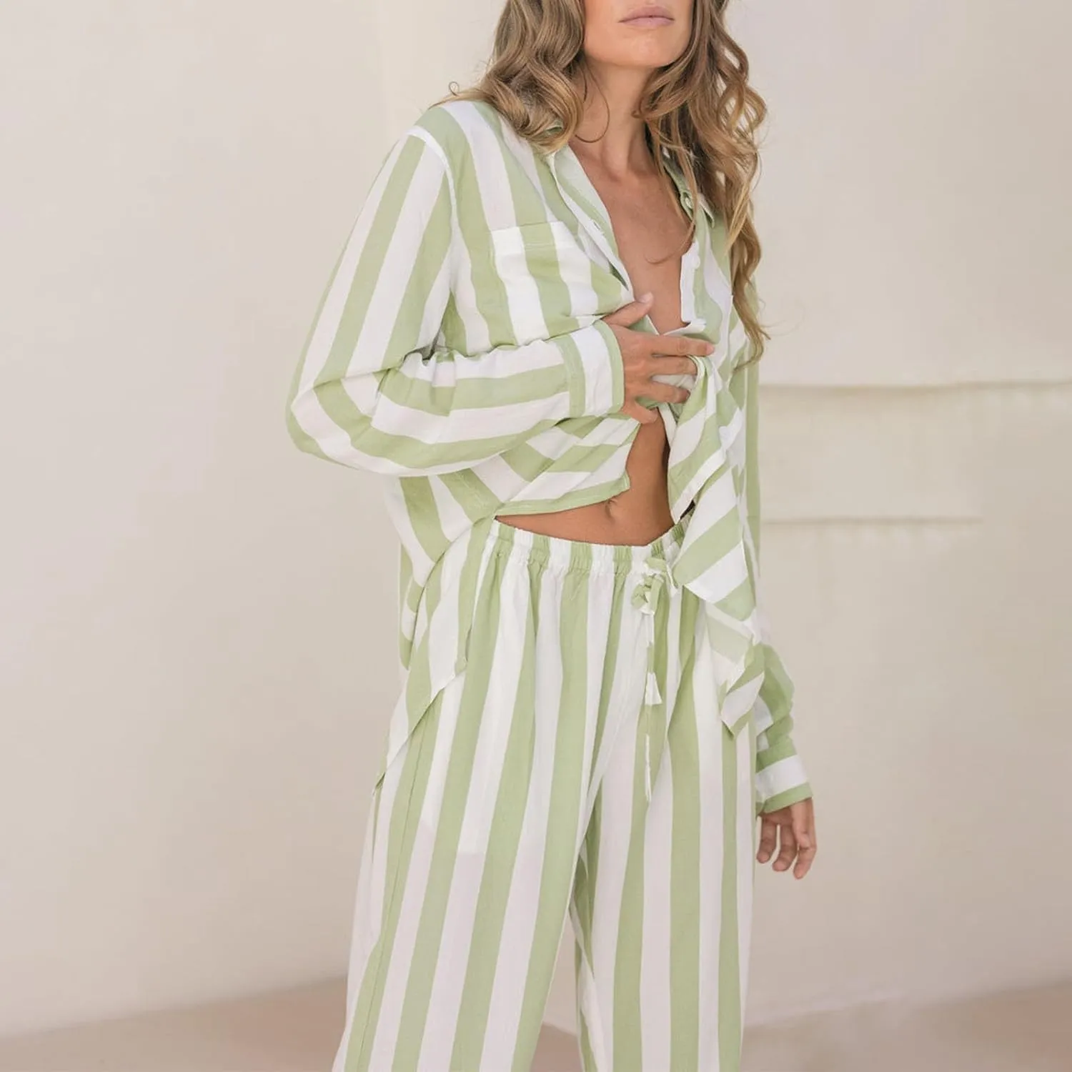 Luckinbaby Women Striped Pajamas Set Long Sleeve Satin Shirt Top Elastic Wide Loose Pants 2 Piece Lounge Sleepwear