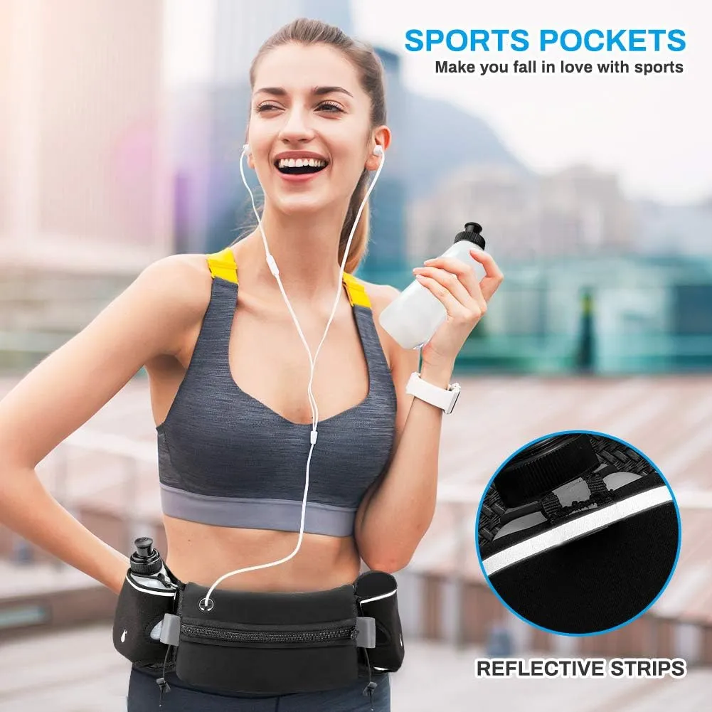 Luckit Hydration Running Belt with 2 Water Bottles(2 x 300ML), Reflective Running Waist Bag Bum Bag Adjustable Sports Waist Pouch for Marathon Running Hiking Camping Cycling Jogging