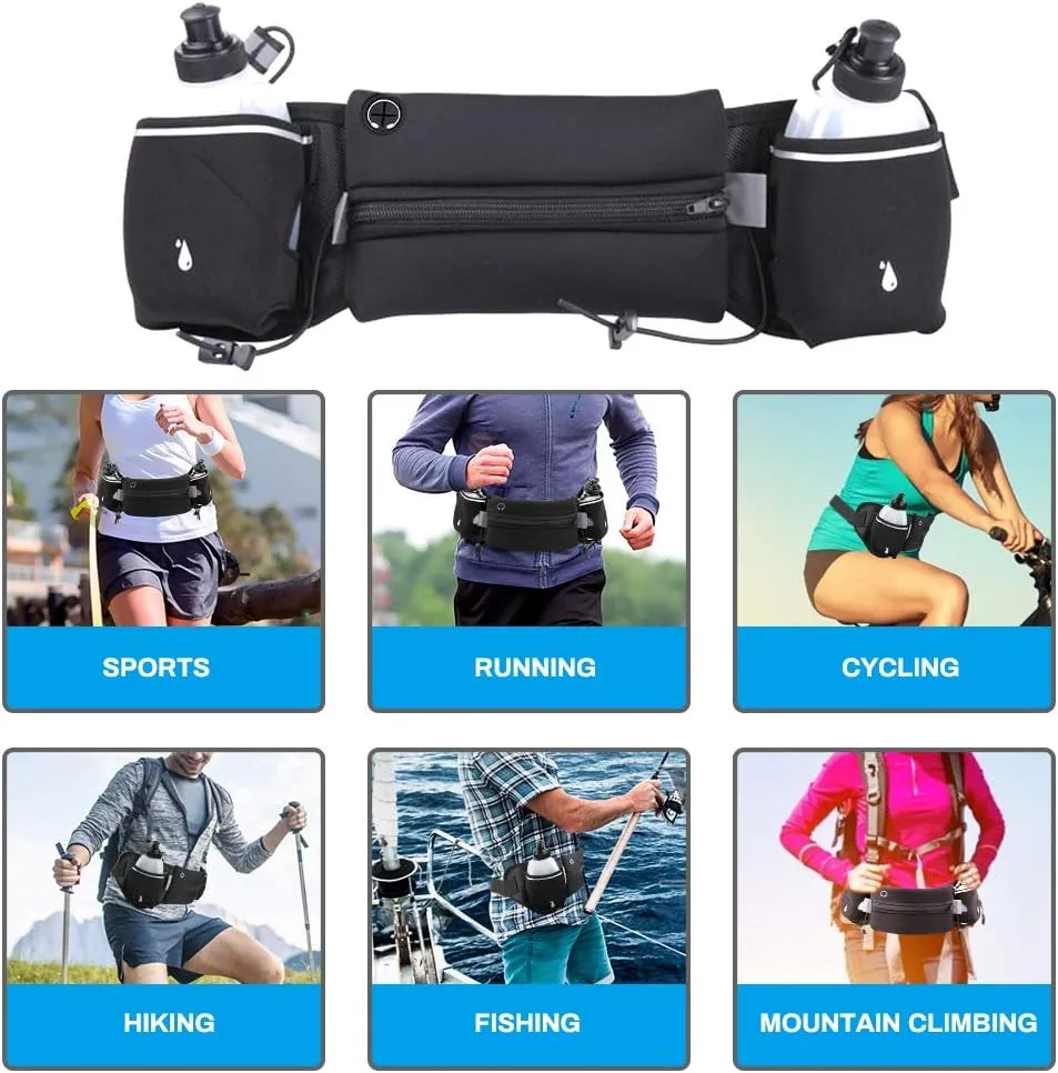 Luckit Hydration Running Belt with 2 Water Bottles(2 x 300ML), Reflective Running Waist Bag Bum Bag Adjustable Sports Waist Pouch for Marathon Running Hiking Camping Cycling Jogging