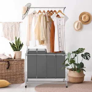 LUCKUP Laundry Sorter 4 Sections with Hanging Bar, 4 Bags Laundry Hamper Rolling Laundry Basket Cart with Lockable Wheels for Laundry Room Bathroom Bedroom, Dark Grey