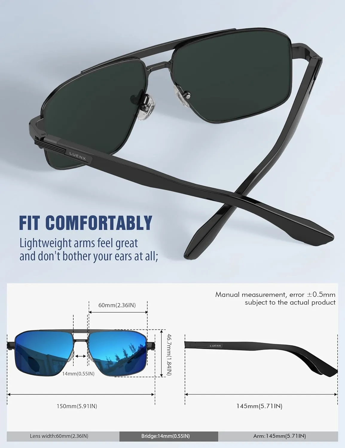 LUENX Aviator Sunglasses for Men Retro Square Polarized Polygon Shades UV 400 Protection