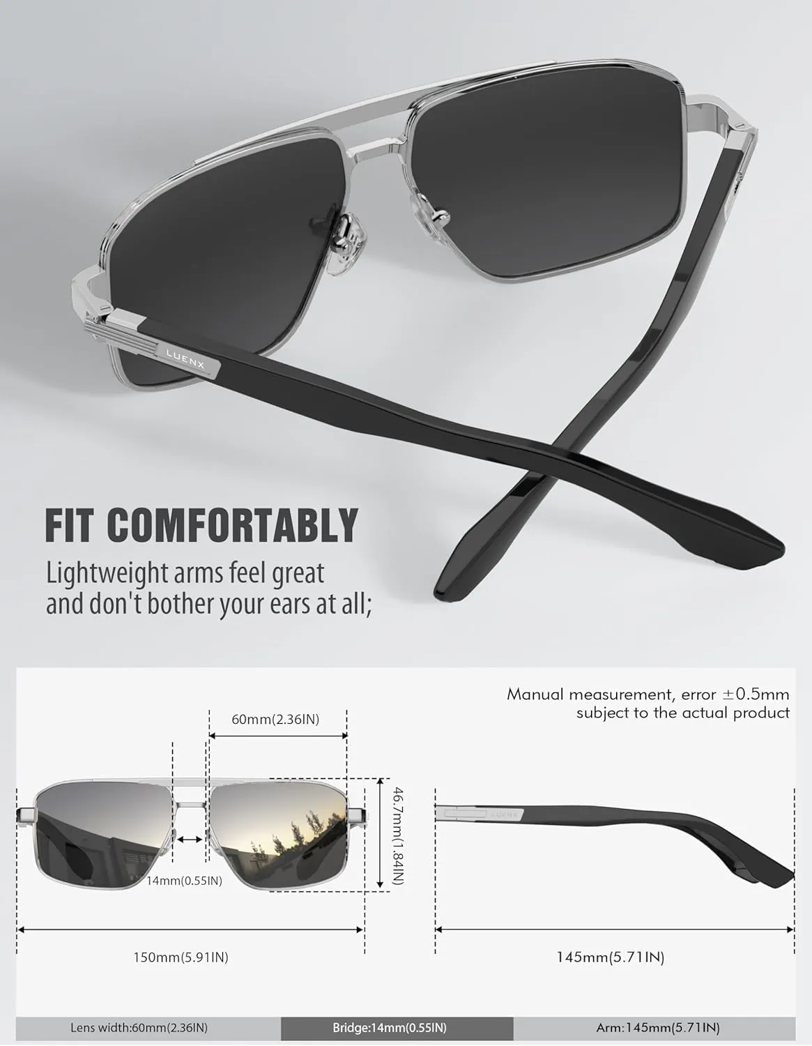LUENX Aviator Sunglasses for Men Retro Square Polarized Polygon Shades UV 400 Protection