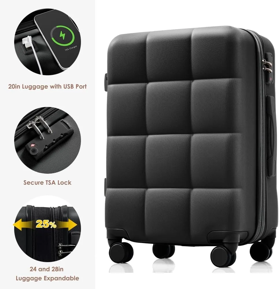 Luggage Sets 4 Piece, 20-inch with USB Port, Expandable ABS Durable Suitcase with Travel Bag, Cup Holder, ABS Hard Shell Luggage with Spinner Wheels, black and brown