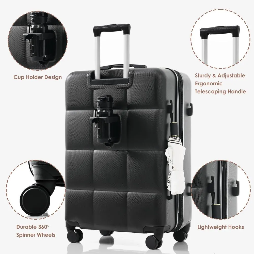 Luggage Sets 4 Piece, 20-inch with USB Port, Expandable ABS Durable Suitcase with Travel Bag, Cup Holder, ABS Hard Shell Luggage with Spinner Wheels, black and brown