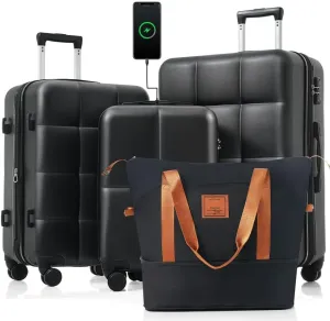 Luggage Sets 4 Piece, 20-inch with USB Port, Expandable ABS Durable Suitcase with Travel Bag, Cup Holder, ABS Hard Shell Luggage with Spinner Wheels, black and brown