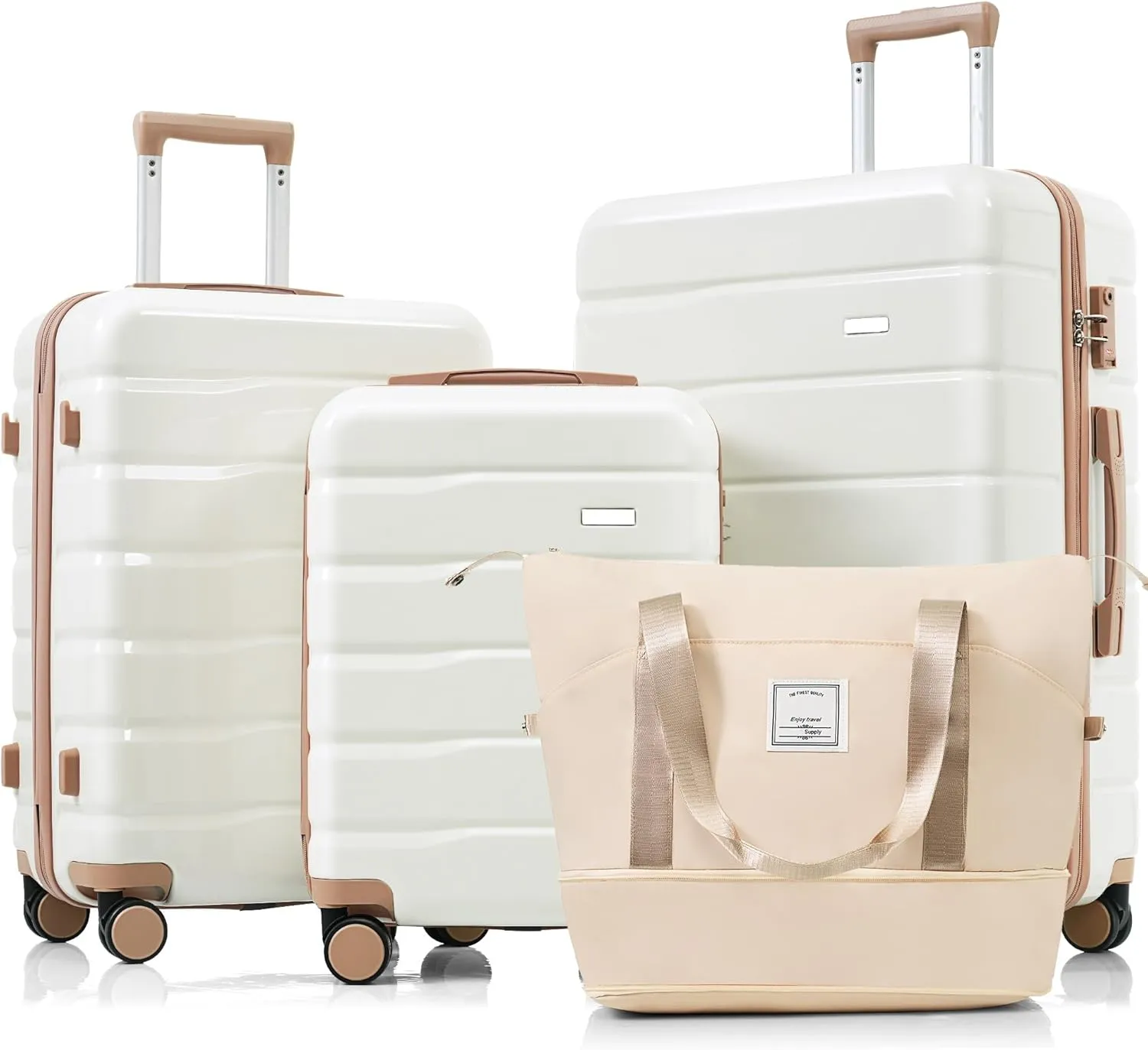Luggage Sets 4 Piece, Abs Durable Suitcase with Travel Bag, Abs Hard Shell Luggage with Spinner Wheels, Ivory and Golden