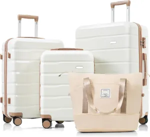 Luggage Sets 4 Piece, Abs Durable Suitcase with Travel Bag, Abs Hard Shell Luggage with Spinner Wheels, Ivory and Golden
