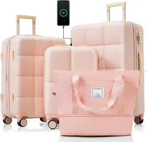Luggage Sets 4 Piece, Expandable Suitcase with Cup Holder and USB Port(20''), Hardside Carry On Checked with with Travel Bag & TSA Lock, 20/24/28 Inch Rolling Suitcases with Wheels (Pink)