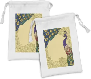 Lunarable Animal Fabric Pouch Set of 2, Design Peacock Colorful Ornate Feathers Exotic Framework, Small Drawstring Bag for Toiletries Masks and Favors, 9" x 6", Multicolor