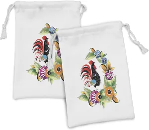 Lunarable Gallus Fabric Pouch Set of 2, Cock Poultry Livestock Ornate Abstract Spring Swirls in Vibrant Colors Illustration, Small Drawstring Bag for Toiletries Masks and Favors, 9" x 6", Multicolor