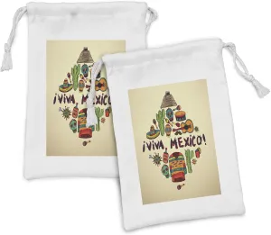 Lunarable Mexican Fabric Pouch Set of 2, Mexican Viva Mexico Ornate Historic Heritage Civilization Drumsticks Doodle, Small Drawstring Bag for Toiletries Masks and Favors, 9" x 6", Multicolor