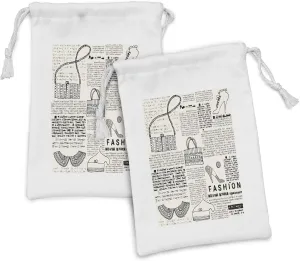 Lunarable Old Newspaper Fabric Pouch Set of 2, Vintage Fashion Themed Shoes Handbag Purses with Ornate Details Retro, Small Drawstring Bag for Toiletries Masks and Favors, 9" x 6", Black Cream