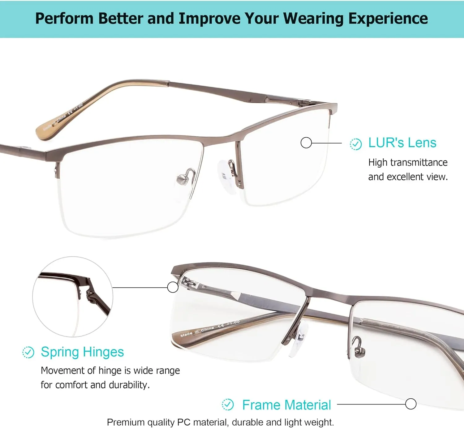 LUR READING GLASSES 3 pack Half-Rim Metal Readers (Black)