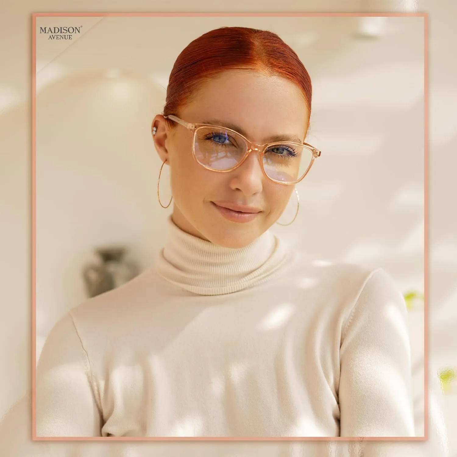 Madison Avenue Square Vintage TR90 Blue Light Blocking Reading Glasses for Women with Case, Anti Glare/Eyestrain Computer Readers Transparent Brown 1.0