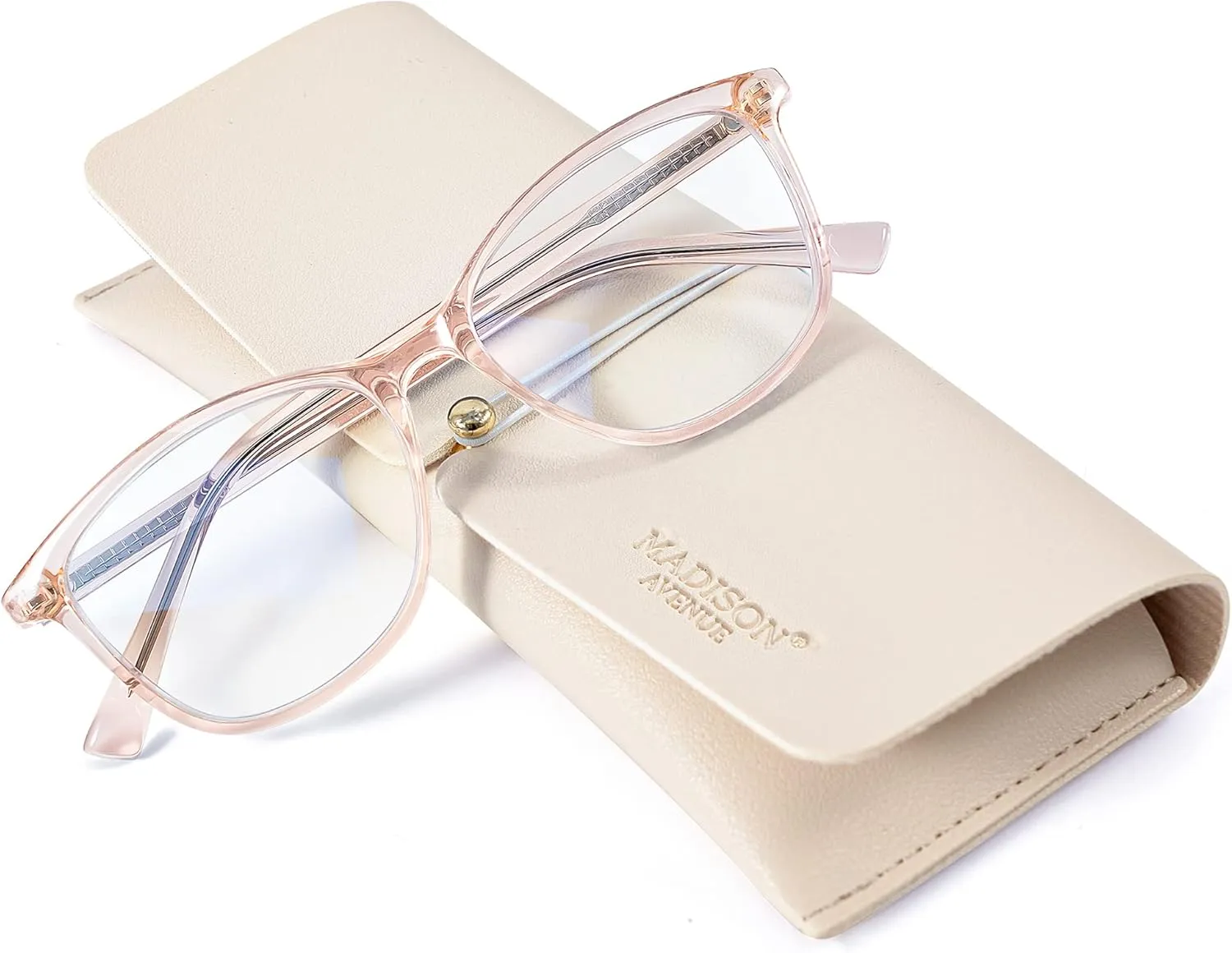 Madison Avenue Square Vintage TR90 Blue Light Blocking Reading Glasses for Women with Case, Anti Glare/Eyestrain Computer Readers Transparent Brown 1.0
