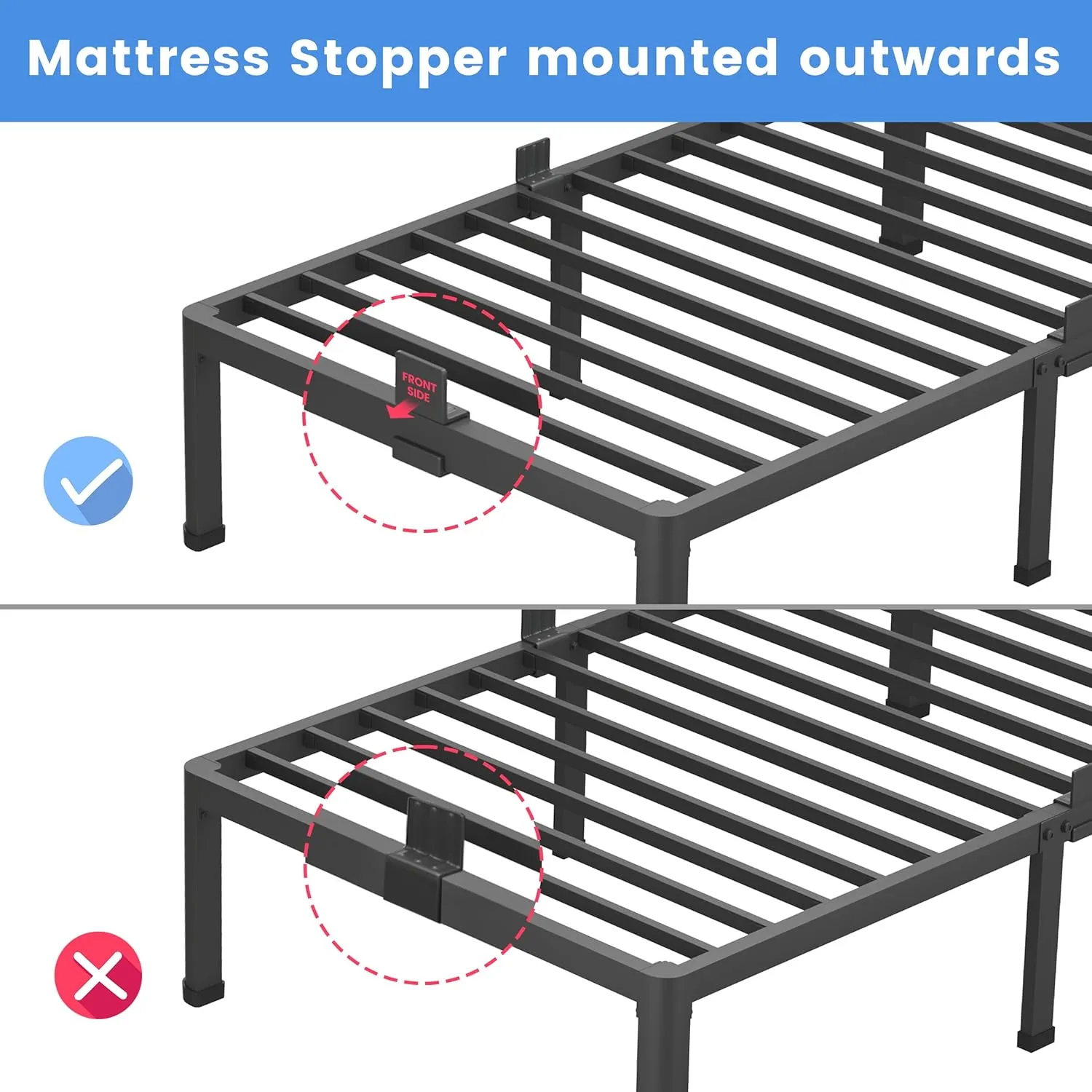 MAF 18 Inch King Size Bed Frame with Round Corner Legs Mattress Slide Stopper No Box Spring Needed Heavy Duty Metal Platform Bed Frames, 3000 LBS Steel Slats Support