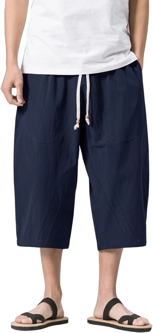MAGNIVIT Men's Linen Cotton Capri Pants Loose Fit Elastic Waist Wide Leg Baggy Harem Pants