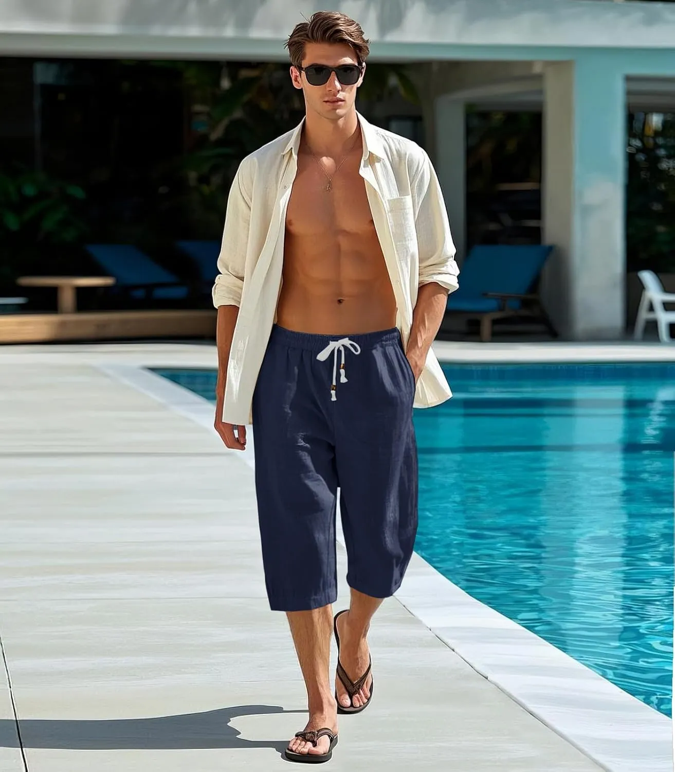 MAGNIVIT Men's Linen Cotton Capri Pants Loose Fit Elastic Waist Wide Leg Baggy Harem Pants