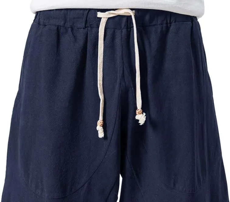 MAGNIVIT Men's Linen Cotton Capri Pants Loose Fit Elastic Waist Wide Leg Baggy Harem Pants