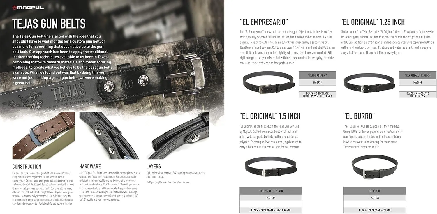 Magpul Tejas Gun Belt "El Original" 1.5 Inch Concealed Carry CCW Bullhide Leather and Reinforced Polymer Gun Belt