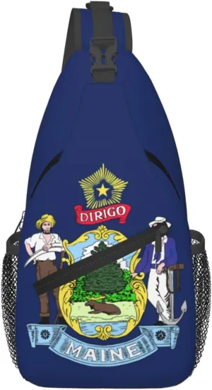 Maine State Flag Print Crossbody Sling Bag, Lightweight Shoulder Backpack Adjustable Outdoor Travel Cycling Bag