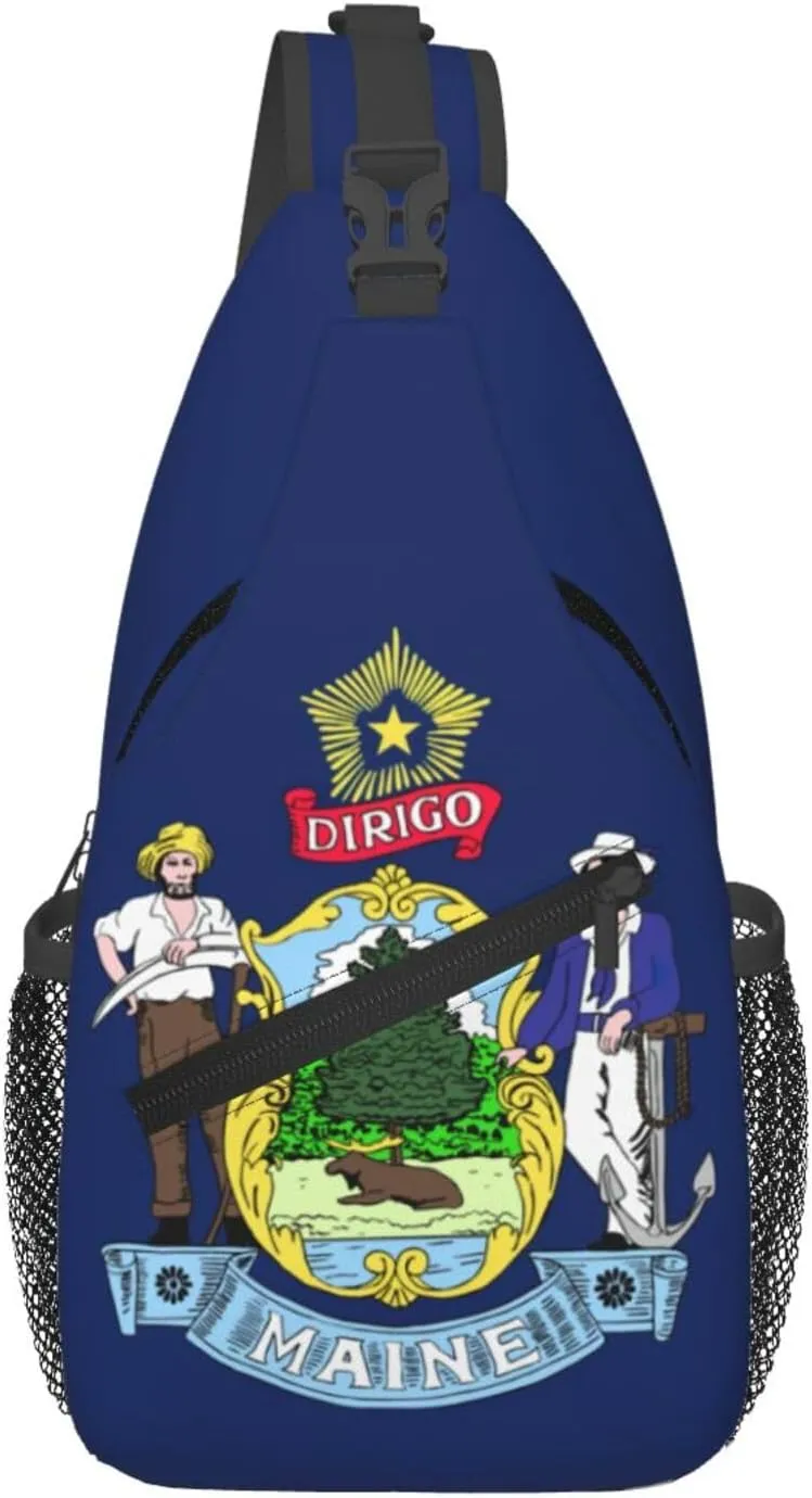 Maine State Flag Print Crossbody Sling Bag, Lightweight Shoulder Backpack Adjustable Outdoor Travel Cycling Bag