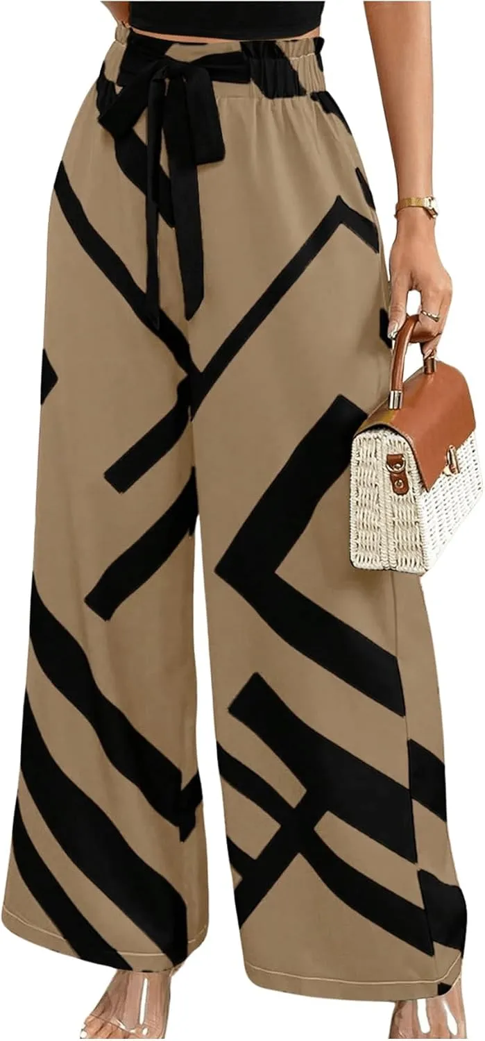 MakeMeChic Women's Belted Paperbag Elastic High Waist Palazzo Pants Printed Casual Wide Leg Pants