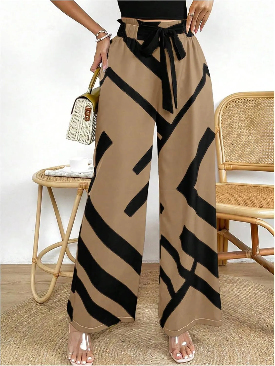 MakeMeChic Women's Belted Paperbag Elastic High Waist Palazzo Pants Printed Casual Wide Leg Pants