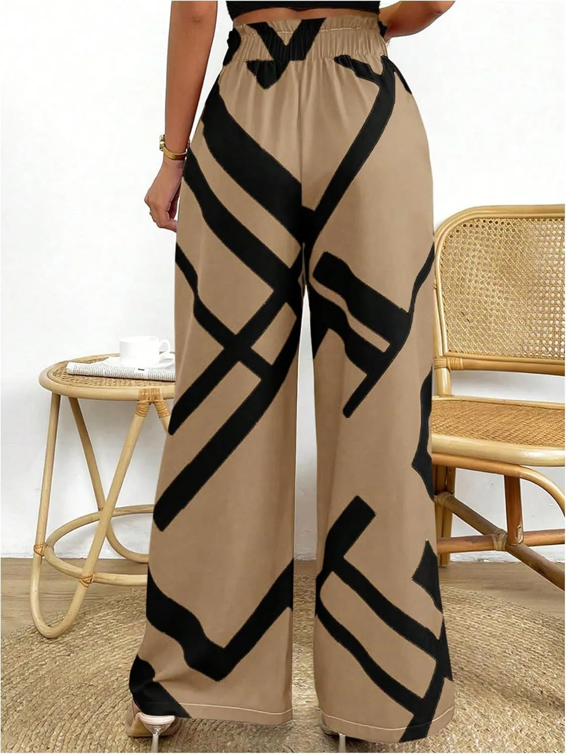 MakeMeChic Women's Belted Paperbag Elastic High Waist Palazzo Pants Printed Casual Wide Leg Pants