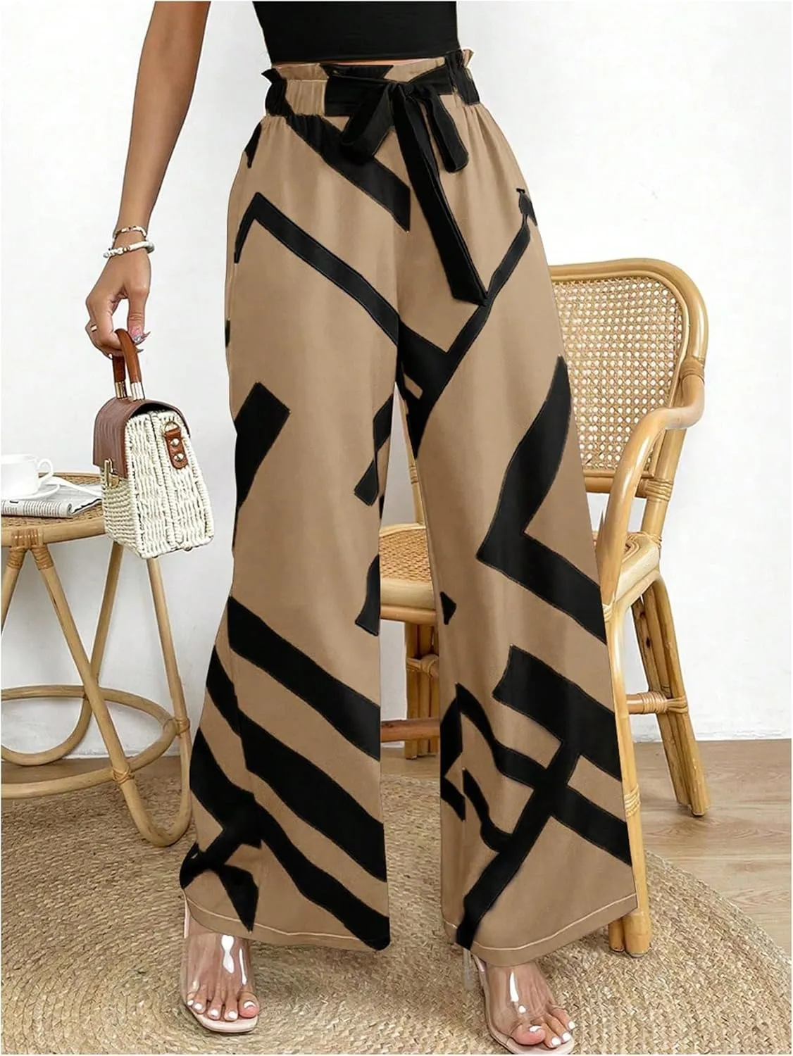 MakeMeChic Women's Belted Paperbag Elastic High Waist Palazzo Pants Printed Casual Wide Leg Pants