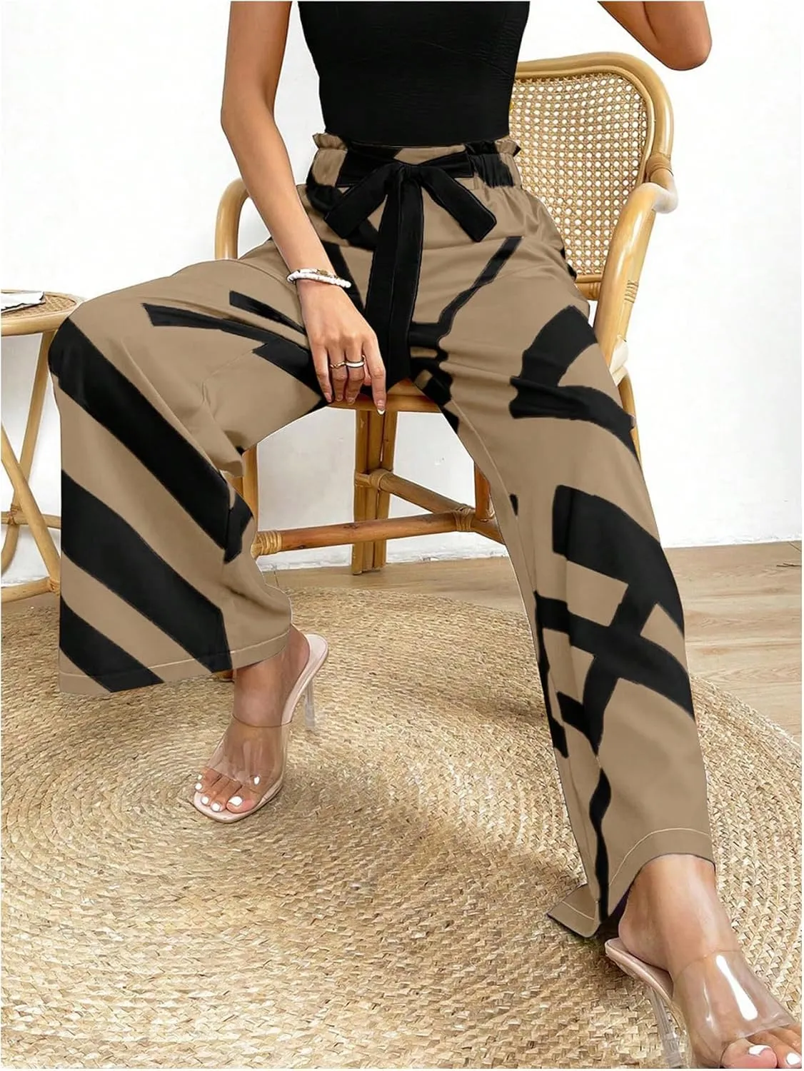 MakeMeChic Women's Belted Paperbag Elastic High Waist Palazzo Pants Printed Casual Wide Leg Pants