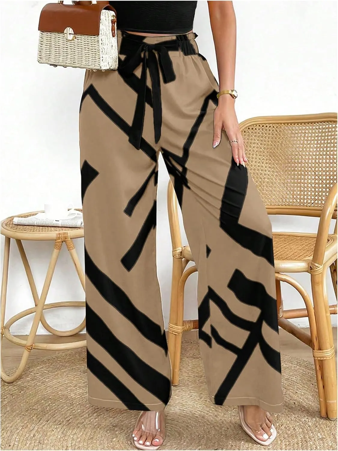MakeMeChic Women's Belted Paperbag Elastic High Waist Palazzo Pants Printed Casual Wide Leg Pants